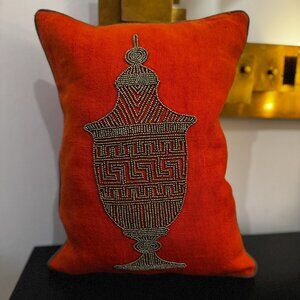 Vintage Jonathan Adler Vibrant Orange Graphite Beaded Lantern Pillow
